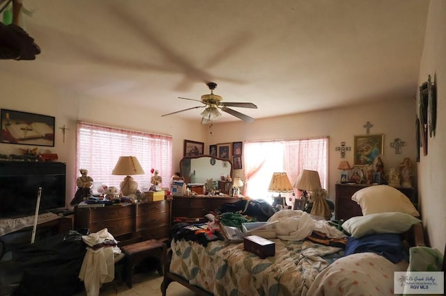 bedroom with multiple windows and ceiling fan