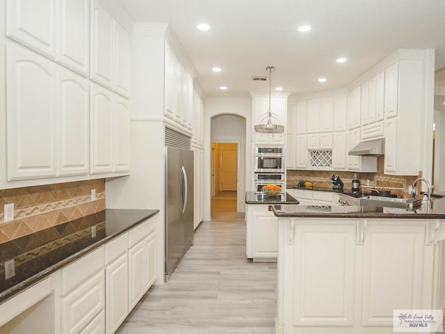 100 Paloma St, San Benito, TX 78586 - kitchen featuring a peninsula, arched walkways, stainless steel appliances, under cabinet range hood, and white cabinetry