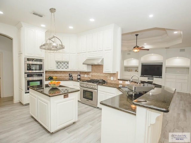 100 Paloma St, San Benito, TX 78586 - kitchen with visible vents, light wood-style flooring, stainless steel appliances, exhaust hood, and a center island