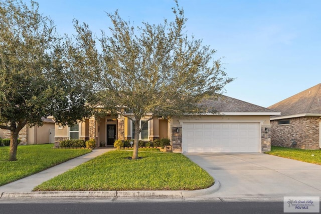 view of property hidden behind natural elements with a front yard and a garage