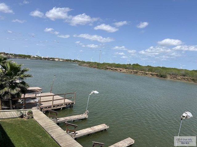 dock area with boat lift and a water view