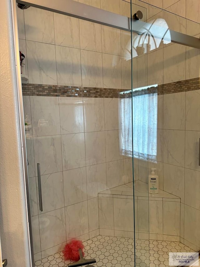 bathroom featuring a shower with door