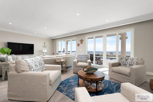 living room featuring light hardwood / wood-style floors and crown molding