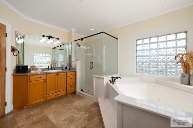 bathroom featuring vanity, separate shower and tub, and ornamental molding