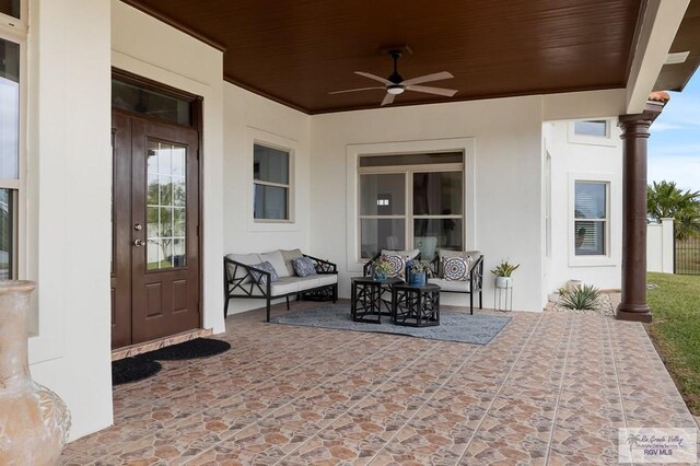 view of patio / terrace with outdoor lounge area, ceiling fan, and covered porch