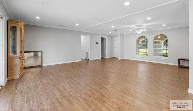 unfurnished living room featuring recessed lighting, ornamental molding, light wood finished floors, baseboards, and ceiling fan