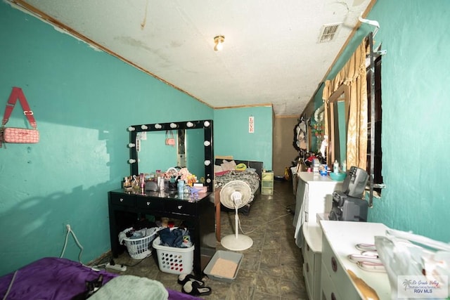 bathroom with lofted ceiling