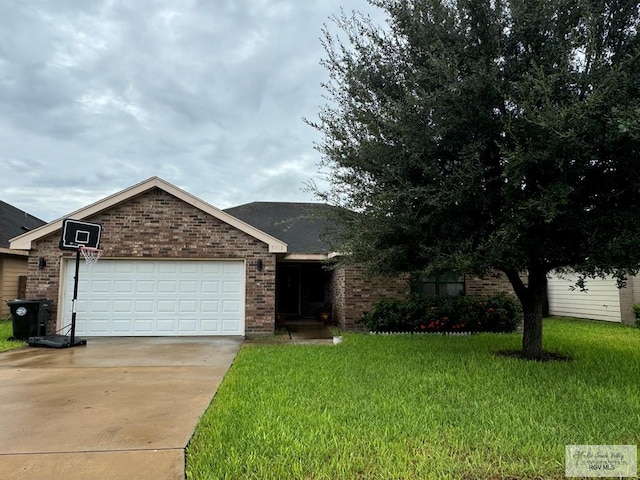 ranch-style home with a garage and a front yard