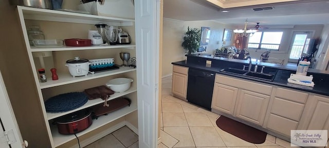 406 Padre Blvd Unit 401, South Padre Island, TX 78597 - bar with black dishwasher, a sink, ornamental molding, light tile patterned floors, and a chandelier