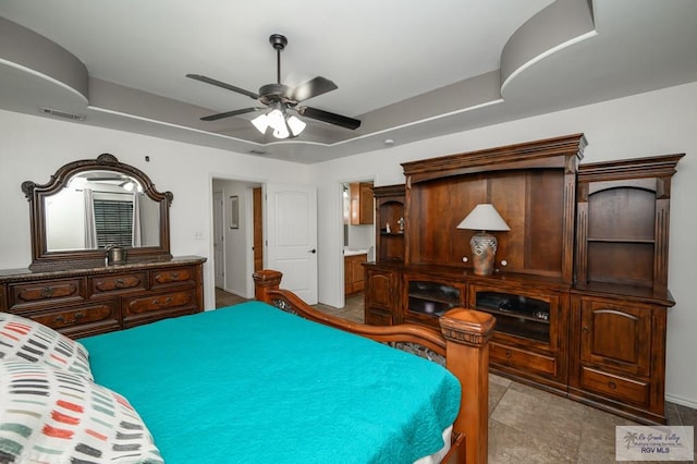 bedroom featuring light tile patterned floors and ceiling fan