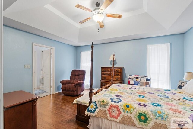 2518 Thomas Ln, Harlingen, TX 78550 - bedroom featuring a tray ceiling, wood finished floors, a ceiling fan, and connected bathroom