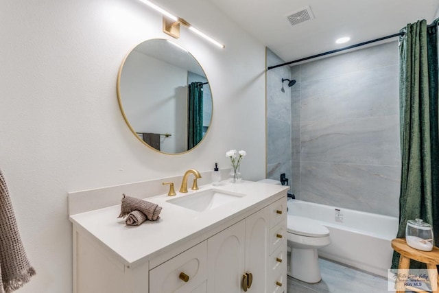 full bathroom featuring vanity, hardwood / wood-style floors, shower / bath combination with curtain, and toilet