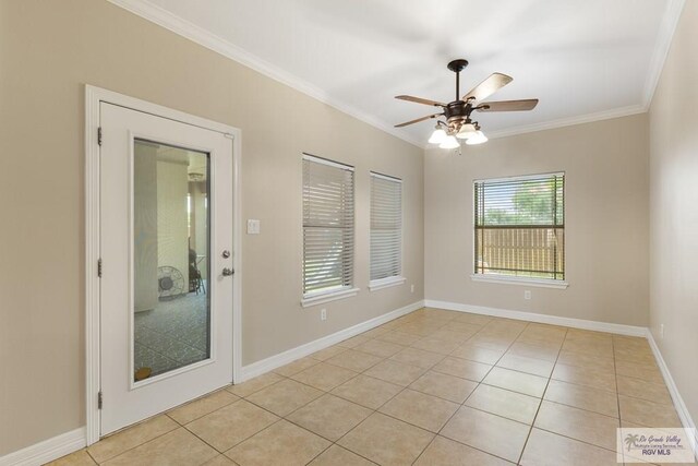 5302 Remington Dr, Harlingen, TX 78552 - spare room featuring light tile patterned floors, crown molding, and ceiling fan
