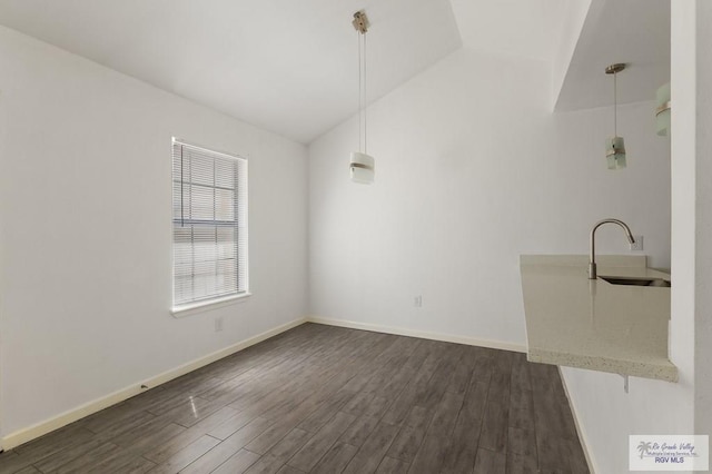 unfurnished dining area with dark hardwood / wood-style floors, lofted ceiling, and sink