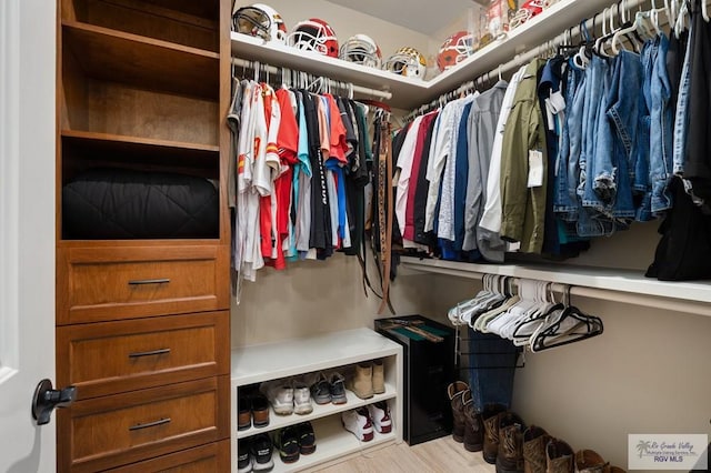 spacious closet featuring light hardwood / wood-style floors