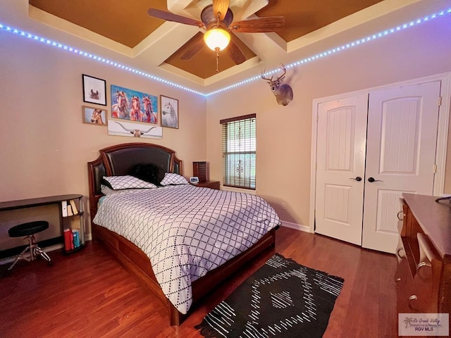 bedroom with hardwood / wood-style flooring, ceiling fan, a closet, and a tray ceiling