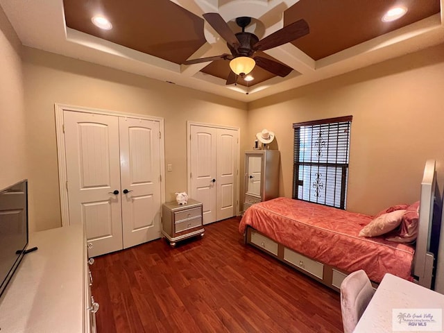 bedroom featuring a tray ceiling, ceiling fan, dark wood-type flooring, and two closets