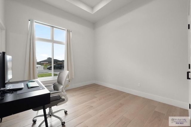 9073 New Orleans Ct, Los Fresnos, TX 78566 - office with healthy amount of natural light, light wood-style flooring, baseboards, and a raised ceiling