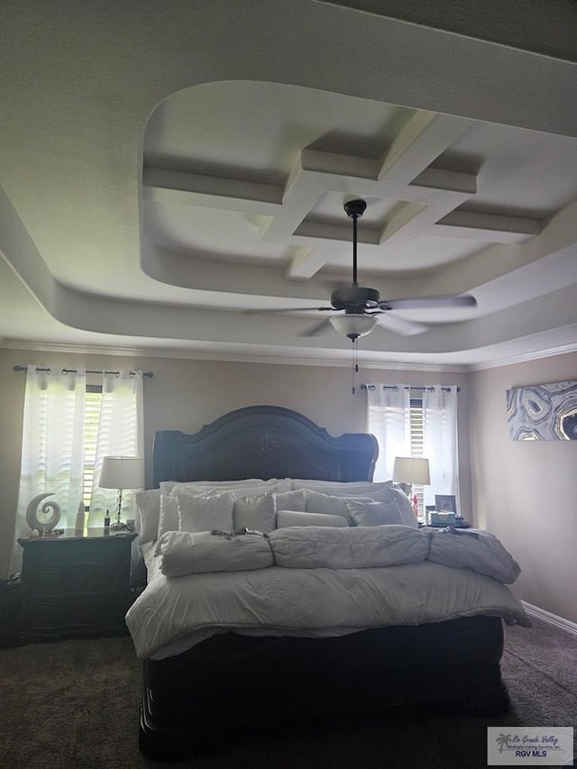 2104 Tomatillo Dr, Weslaco, TX 78596 - carpeted bedroom featuring multiple windows, ceiling fan, and coffered ceiling