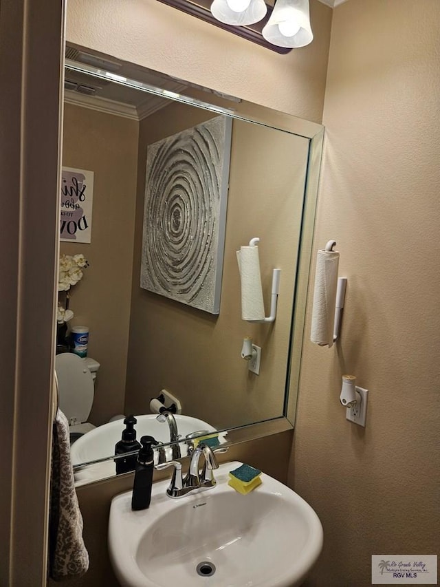 2104 Tomatillo Dr, Weslaco, TX 78596 - half bath with a sink and crown molding