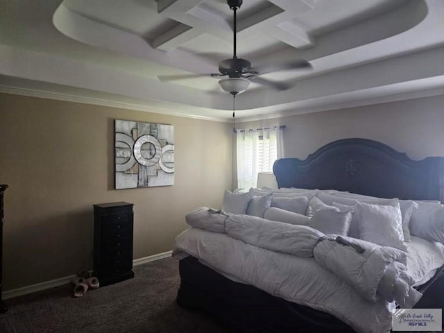 2104 Tomatillo Dr, Weslaco, TX 78596 - carpeted bedroom featuring a raised ceiling, coffered ceiling, ornamental molding, baseboards, and ceiling fan