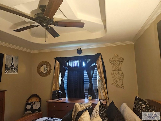 2104 Tomatillo Dr, Weslaco, TX 78596 - bedroom with a tray ceiling, crown molding, and a ceiling fan
