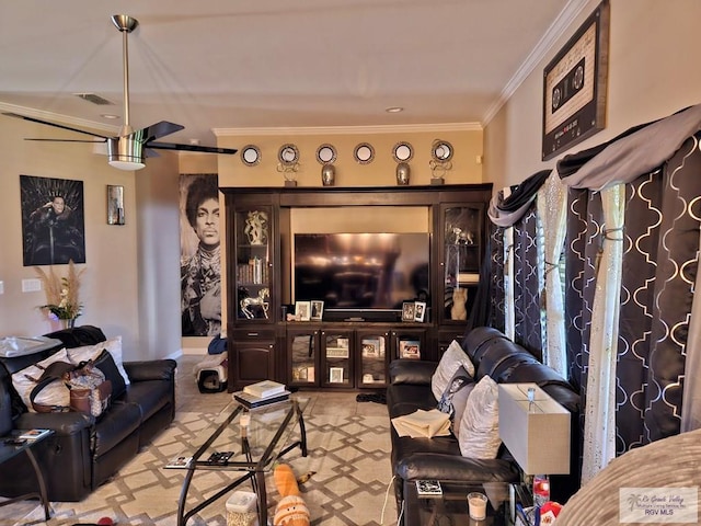 2104 Tomatillo Dr, Weslaco, TX 78596 - living room with crown molding and ceiling fan