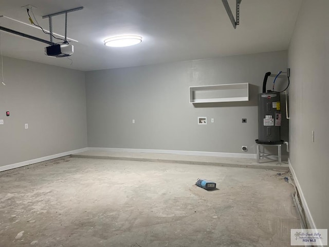 garage with water heater and a garage door opener