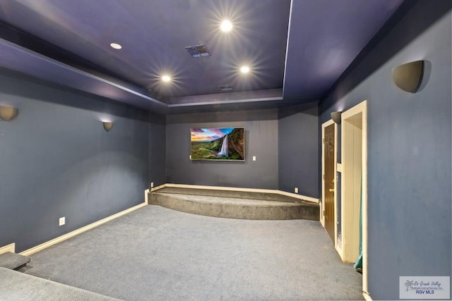 cinema featuring carpet and a raised ceiling