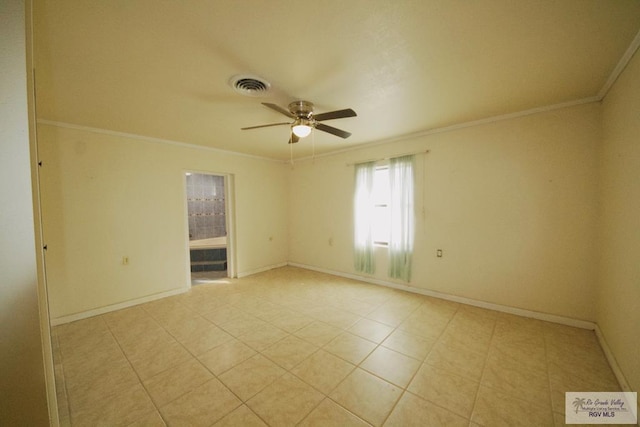 unfurnished room featuring light tile patterned flooring, a ceiling fan, baseboards, visible vents, and crown molding