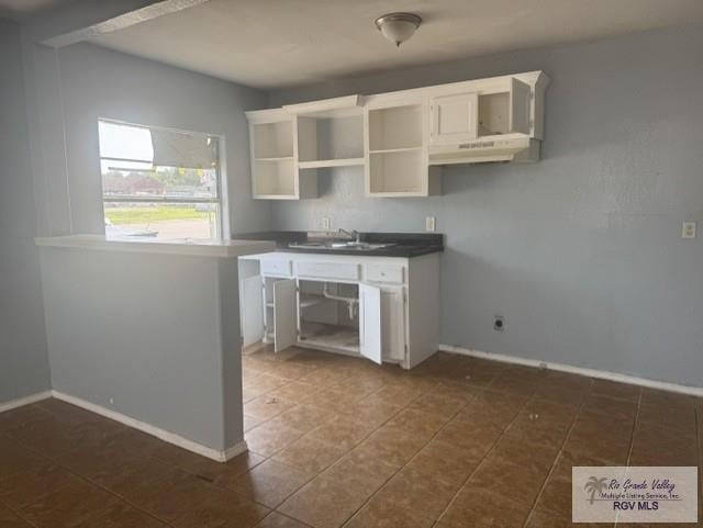 1000 Combes St, San Benito, TX 78586 - kitchen featuring open shelves, a sink, dark tile patterned flooring, and baseboards