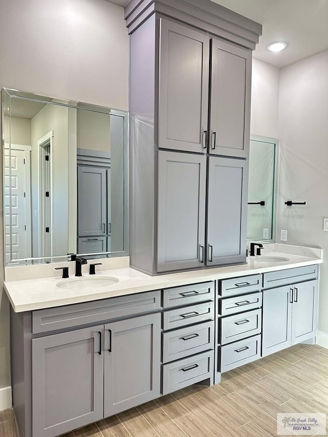 3414 Bryan Dr, Harlingen, TX 78550 - bathroom featuring a sink, double vanity, and wood finished floors