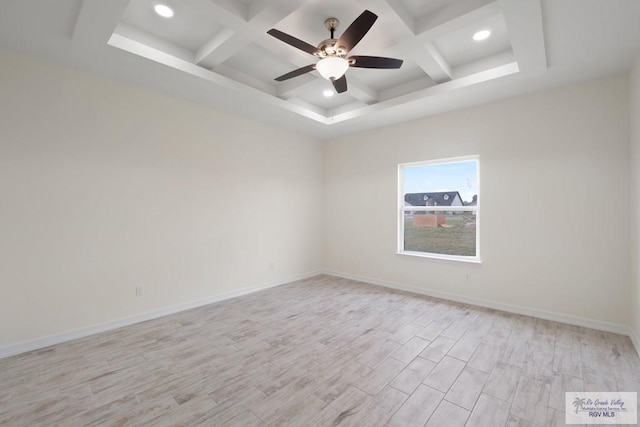 9817 Heights N, Harlingen, TX 78552 - spare room with coffered ceiling, light wood-style flooring, ceiling fan, recessed lighting, and beam ceiling