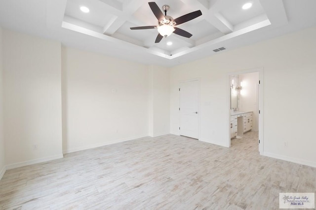 9817 Heights N, Harlingen, TX 78552 - spare room featuring coffered ceiling, light wood finished floors, ceiling fan, recessed lighting, and beamed ceiling