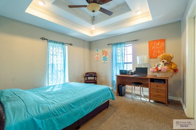 bedroom featuring a raised ceiling, ceiling fan, light carpet, and multiple windows