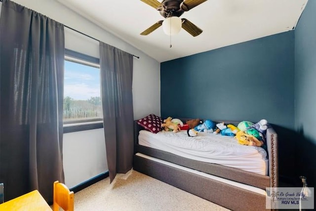 bedroom featuring carpet and ceiling fan