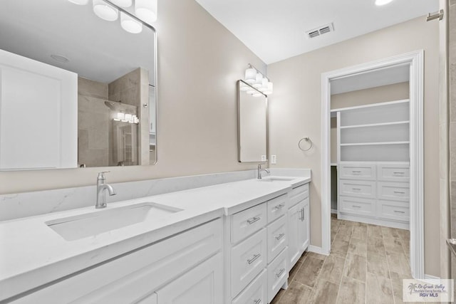 5112 Blackhawk Ave, Rio Grande City, TX 78582 - bathroom with double vanity, visible vents, tiled shower, and a sink