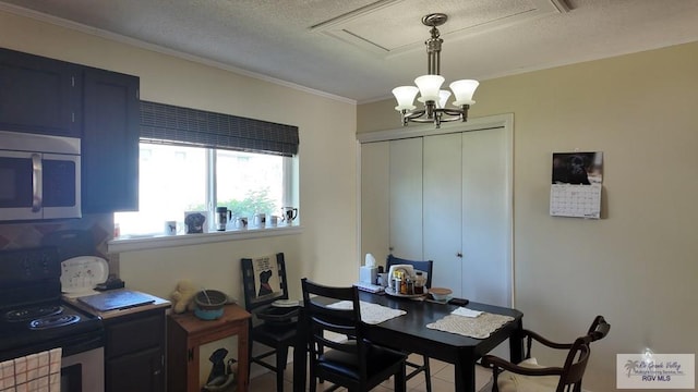 dining space featuring a chandelier, a textured ceiling, and ornamental molding