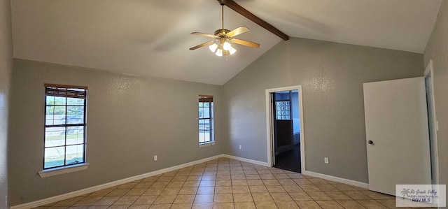 spare room with ceiling fan, beam ceiling, high vaulted ceiling, and light tile patterned floors