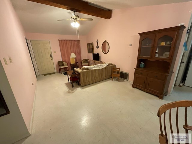 living room with vaulted ceiling with beams and ceiling fan