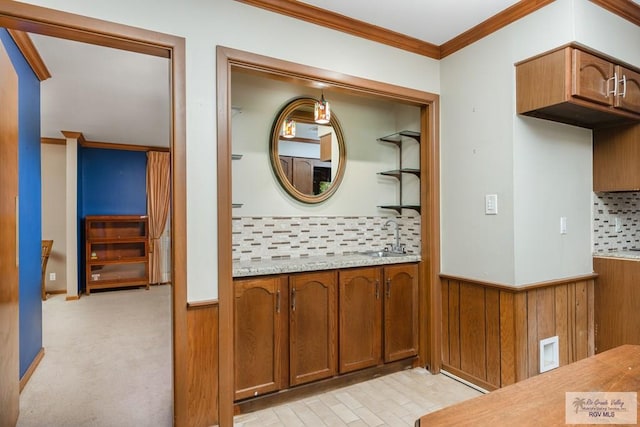 interior space with wood walls, ornamental molding, sink, and light carpet