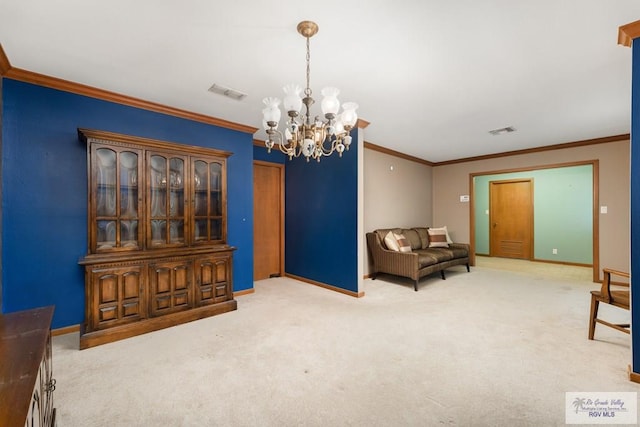 living area featuring a chandelier, carpet flooring, and ornamental molding