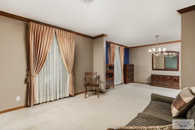 living room featuring carpet floors, an inviting chandelier, and ornamental molding