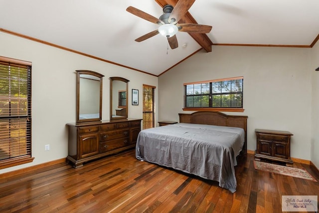 bedroom featuring multiple windows, ceiling fan, and dark hardwood / wood-style floors