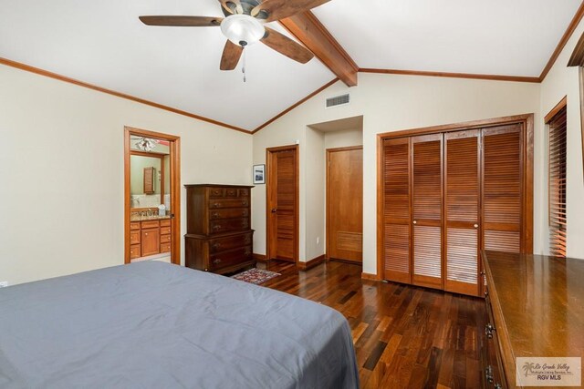 bedroom featuring vaulted ceiling with beams, dark hardwood / wood-style flooring, two closets, ceiling fan, and connected bathroom