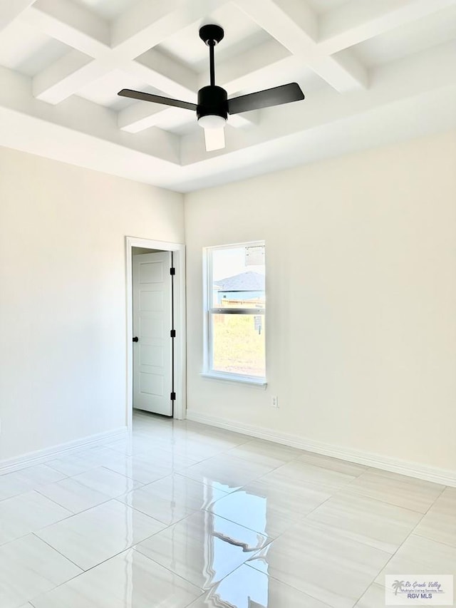 empty room featuring beam ceiling, coffered ceiling, and baseboards