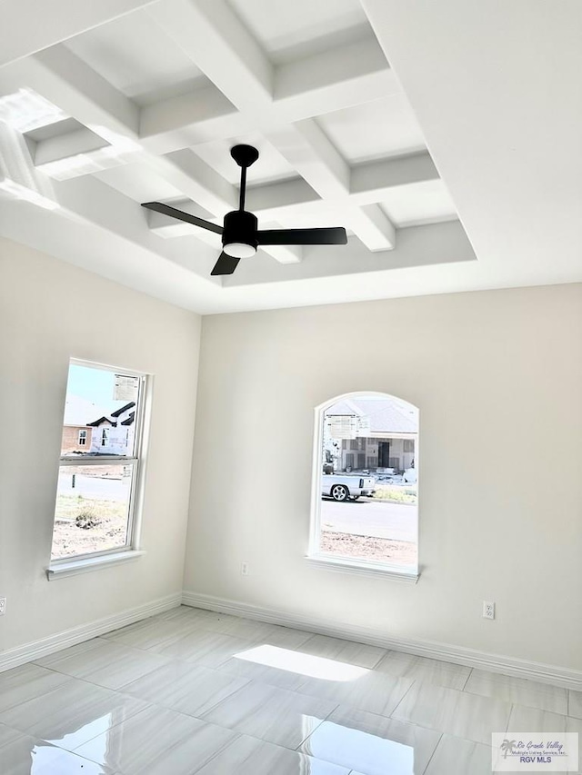 spare room with baseboards, coffered ceiling, a ceiling fan, and beamed ceiling