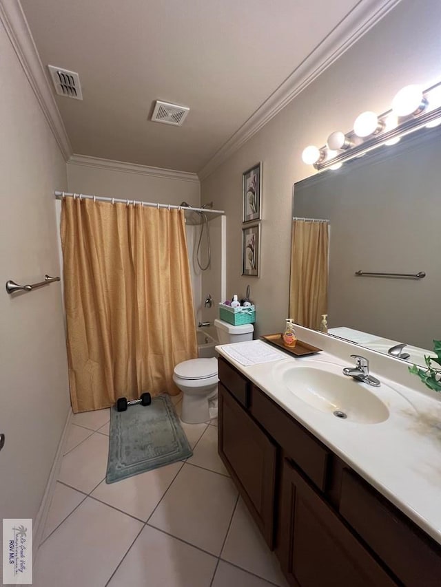 full bath with visible vents, ornamental molding, tile patterned flooring, and toilet