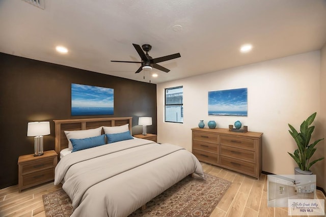 bedroom with recessed lighting, ceiling fan, and wood finish floors