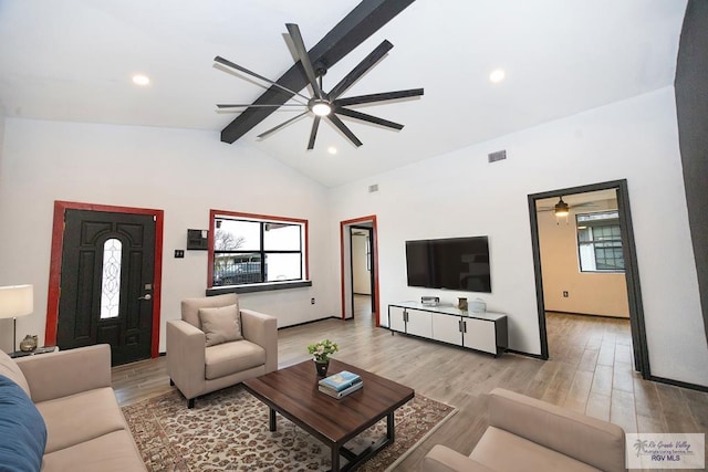 living room featuring recessed lighting, visible vents, lofted ceiling with beams, a ceiling fan, and light wood-type flooring